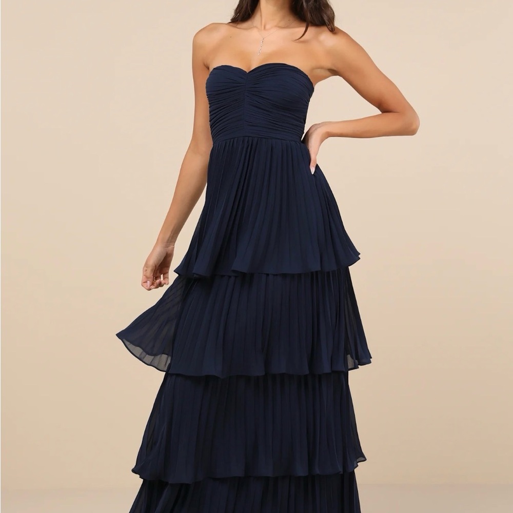 Lulu's Seriously Sensational Navy Blue Strapless Tiered Maxi Dress